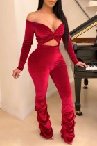 Deep Red Sexy Casual Solid Hollowed Out Backless Fold Off the Shoulder Skinny Jumpsuits