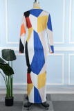 Blue Red Street Color Block Patchwork Cardigan Collar Printed Dress Dresses