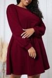 Burgundy Casual Solid Basic O Neck Long Sleeve Plus Size Dresses
