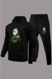 Black Casual Print Patchwork Draw String Pocket Hooded Collar Plus Size Two Pieces