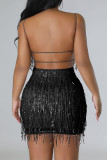 Apricot Celebrities Solid Sequins Patchwork Backless Spaghetti Strap Wrapped Skirt Dresses