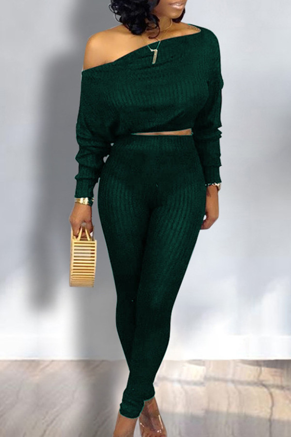 Green Elegant Solid Patchwork Oblique Collar Long Sleeve Two Pieces