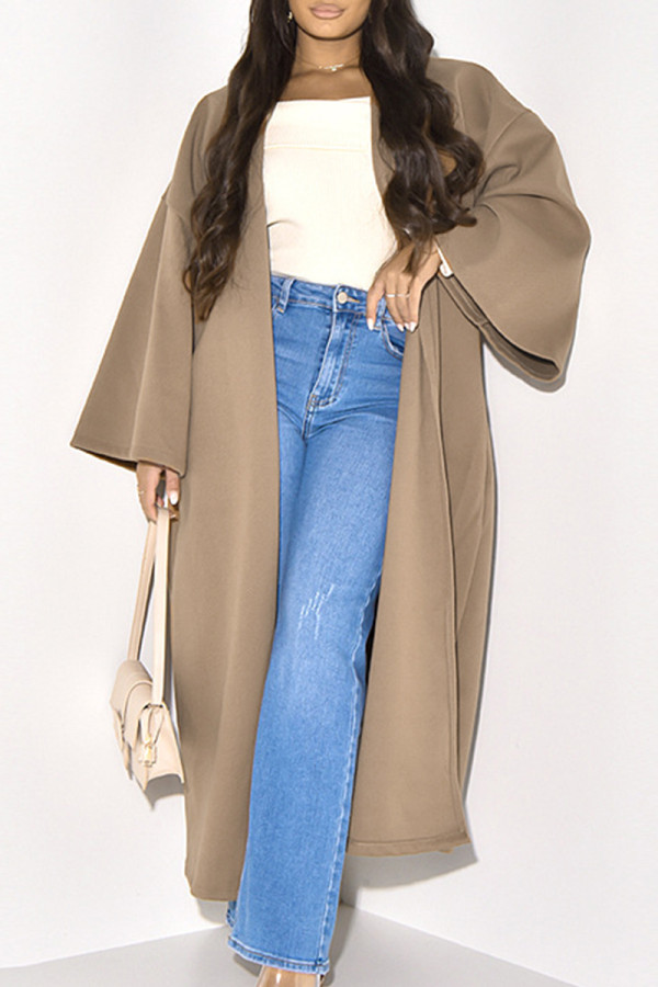 Khaki Elegant Solid Patchwork Cardigan Collar Outerwear