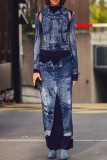 Blue Casual Print Hollowed Out Patchwork Turtleneck Long Dress Dresses