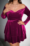 Rose Red Casual Solid Backless Off the Shoulder Long Sleeve Plus Size Dresses