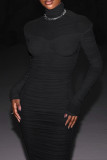 Blue Sexy Solid Patchwork Fold Turtleneck Pleated Dresses