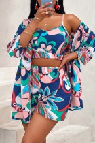 Blue Casual Print Basic V Neck Long Sleeve Three Piece Set