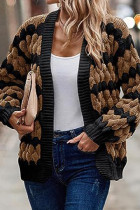 Black Brown Casual Patchwork Cardigan Contrast Outerwear