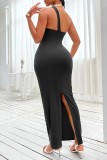 Black Casual Solid Hollowed Out Oblique Collar Long Dress Dresses