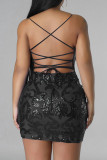 Black Sexy Floral Bandage Sequins Patchwork Backless V Neck Wrapped Skirt Dresses