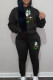 Black Casual Print Patchwork Draw String Pocket Hooded Collar Plus Size Two Pieces