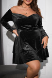 Black Casual Solid Backless Off the Shoulder Long Sleeve Plus Size Dresses