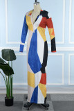 Blue Red Street Color Block Patchwork Cardigan Collar Printed Dress Dresses