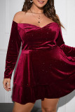 Rose Red Casual Solid Backless Off the Shoulder Long Sleeve Plus Size Dresses