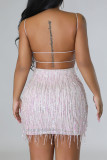 Black Celebrities Solid Sequins Patchwork Backless Spaghetti Strap Wrapped Skirt Dresses