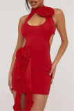 Red Sexy Solid Hollowed Out Turtleneck Sleeveless Dress Dresses