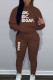 Brown Casual Letter Patchwork Draw String Pocket Hooded Collar Long Sleeve Two Pieces