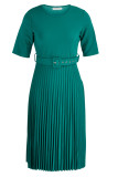 Dark Green Casual Solid Patchwork With Belt O Neck Pleated Plus Size Dresses