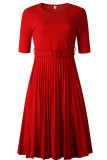 Red Casual Solid With Belt O Neck Pleated Plus Size Dresses