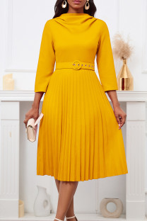 Yellow Elegant Solid Patchwork With Belt Pleated O Neck A Line Dresses