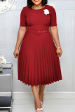 Dark Green Casual Solid Patchwork With Belt O Neck Pleated Plus Size Dresses