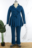 Tibetan Blue Casual Solid Patchwork Turndown Collar Plus Size Two Pieces