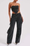 Black Casual Solid Patchwork Pocket Low Waist Regular Denim Jeans