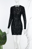 Black Casual Patchwork See-through O Neck Long Sleeve Dresses