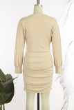 Burgundy Casual Solid Patchwork V Neck Long Sleeve Dresses