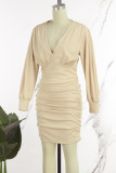 Khaki Casual Solid Patchwork V Neck Long Sleeve Dresses