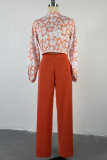 Tangerine Red Casual Sweet Floral Hollowed Out Patchwork Mandarin Collar Long Sleeve Two Pieces