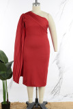 Red Casual Solid Patchwork Oblique Collar Pencil Skirt Plus Size Dresses