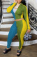Turquoise Casual Patchwork Contrast Zipper Collar Long Sleeve Two Pieces