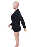 Black Casual Solid Patchwork Pocket Turn-back Collar Long Sleeve Two Pieces