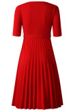 Red Casual Solid With Belt O Neck Pleated Plus Size Dresses