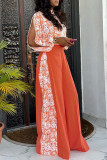 Tangerine Red Casual Sweet Floral Hollowed Out Patchwork Mandarin Collar Long Sleeve Two Pieces