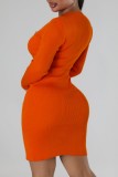 Orange Casual Solid Basic O Neck Long Sleeve Dresses