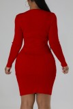 Rose Red Casual Solid Basic O Neck Long Sleeve Dresses