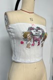 White Sexy Casual Cartoon Print Embroidered Backless Strapless Tops