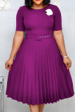 Burgundy Casual Solid Patchwork With Belt O Neck Pleated Plus Size Dresses