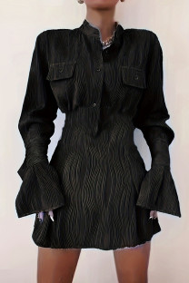 Black Elegant Solid Patchwork Pocket Buckle Mandarin Collar A Line Dresses