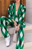 Green Casual Rhombic Patchwork Buttons V Neck Long Sleeve Two Pieces