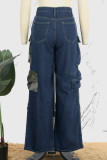 Blue Casual Street Camouflage Print Patchwork High Waist Straight Denim Jeans