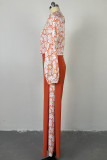 Tangerine Red Casual Sweet Floral Hollowed Out Patchwork Mandarin Collar Long Sleeve Two Pieces
