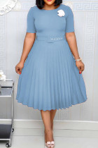 Sky Blue Casual Solid Patchwork With Belt O Neck Pleated Plus Size Dresses