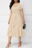 Apricot Casual Solid Patchwork V Neck Short Sleeve Dress