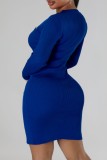 Blue Casual Solid Basic O Neck Long Sleeve Dresses