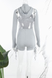 Grey Sexy Solid Backless Hooded Collar Skinny Rompers