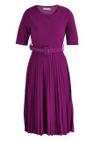 Burgundy Casual Solid Patchwork With Belt O Neck Pleated Plus Size Dresses