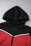 Red Casual Patchwork Contrast Hooded Collar Long Sleeve Two Pieces
